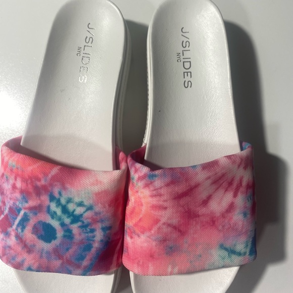 J Slides Blue Pink Tie Dye Brit Stretch Chunky Platform Slip On Sandals NWOT 8.5 - Picture 11 of 16